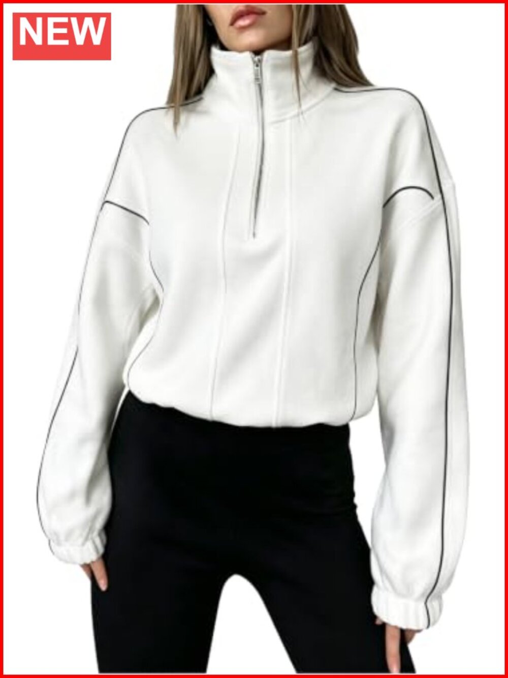 Half Zip High Neck Pullover Sweatshirt Contrast Stitch Loose Fit